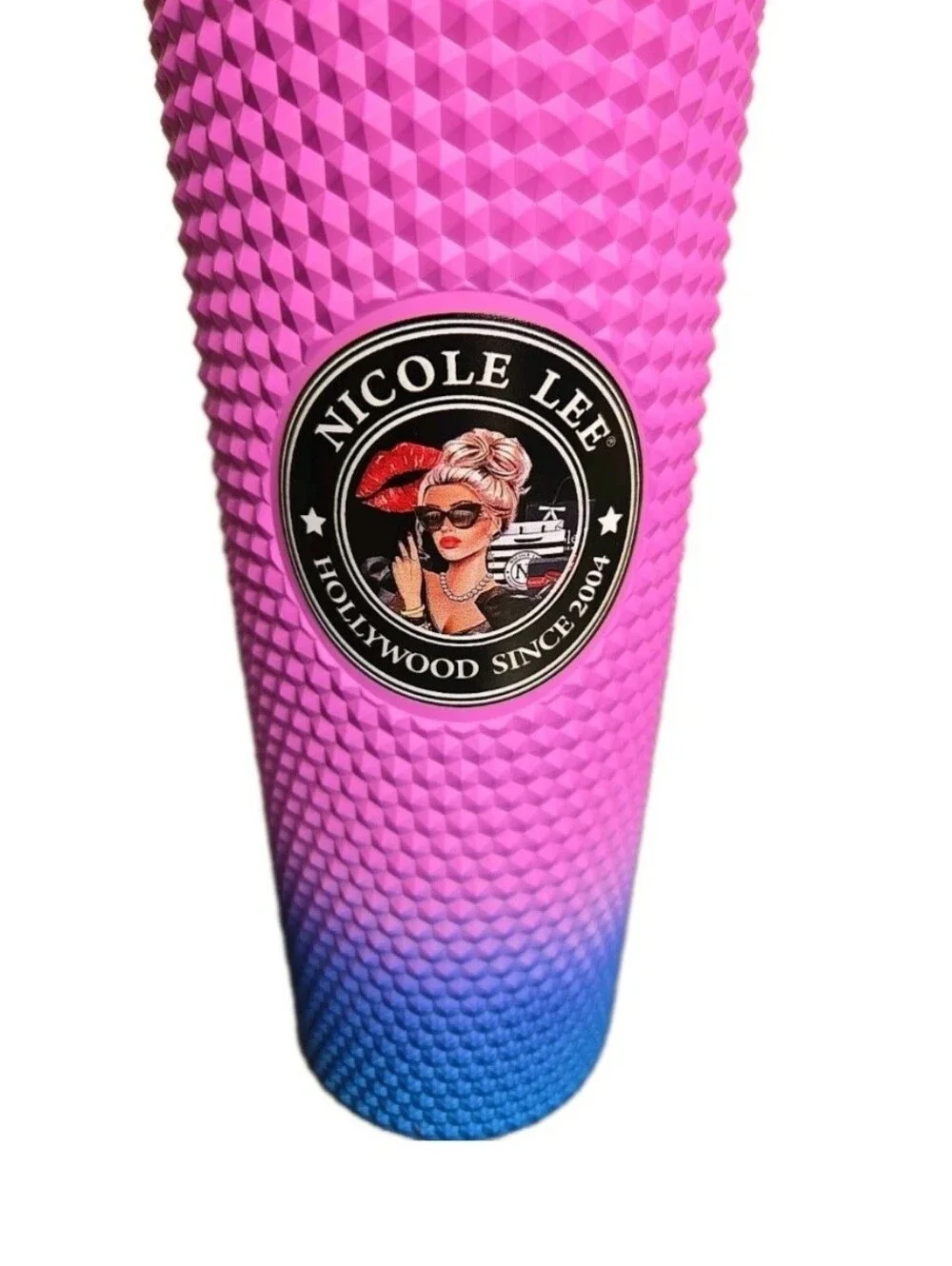 Nicole Lee Studded Tumbler Pink & Blue 24oz Cold Cup with Straw Lady in Black